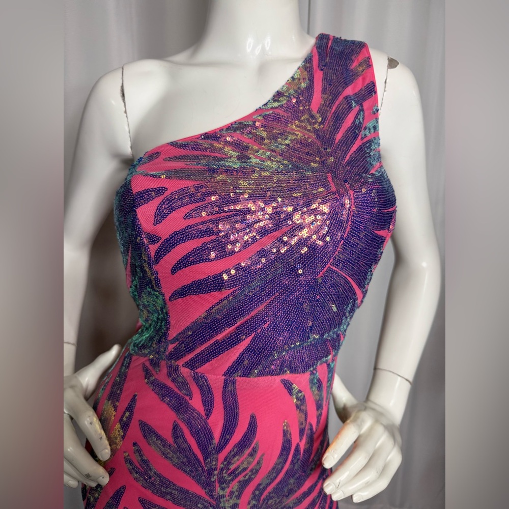 Elegant One-Shoulder Pink and Silver Evening Gown - Picture 8 of 10